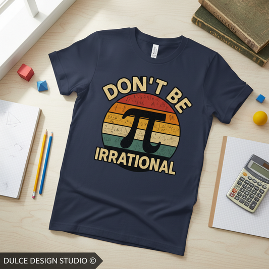 Flat lay of navy t-shirt with Don't Be Irrational Pi design