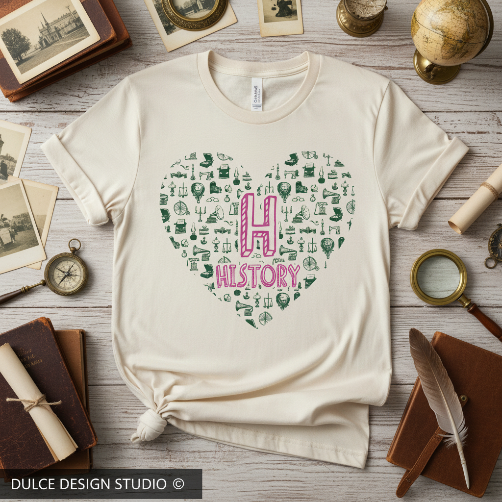 Flat lay of soft cream t-shirt with History heart design