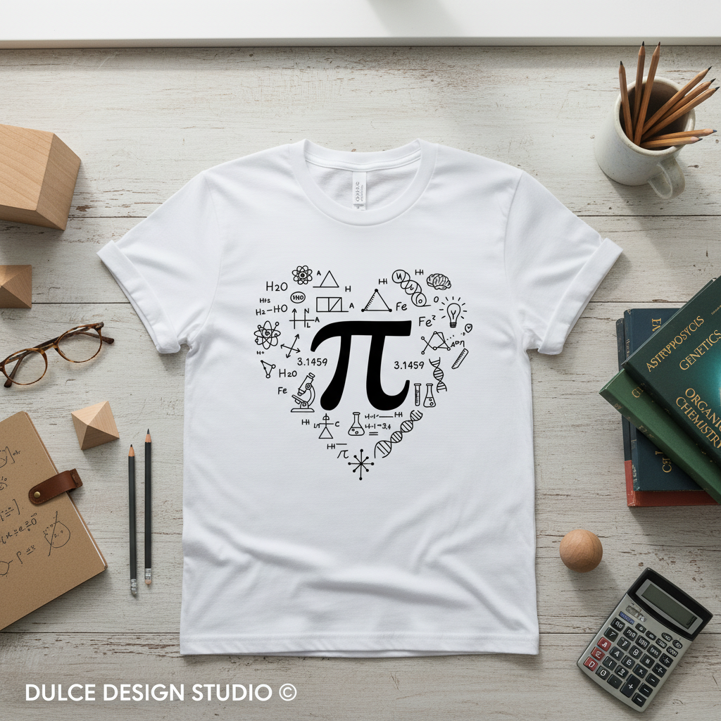Flat lay of white t-shirt with science Pi design