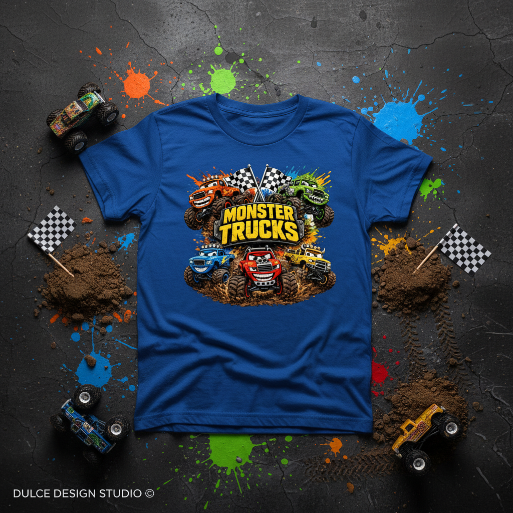 Blue t-shirt with monster truck design on a dark surface with toy trucks and dirt