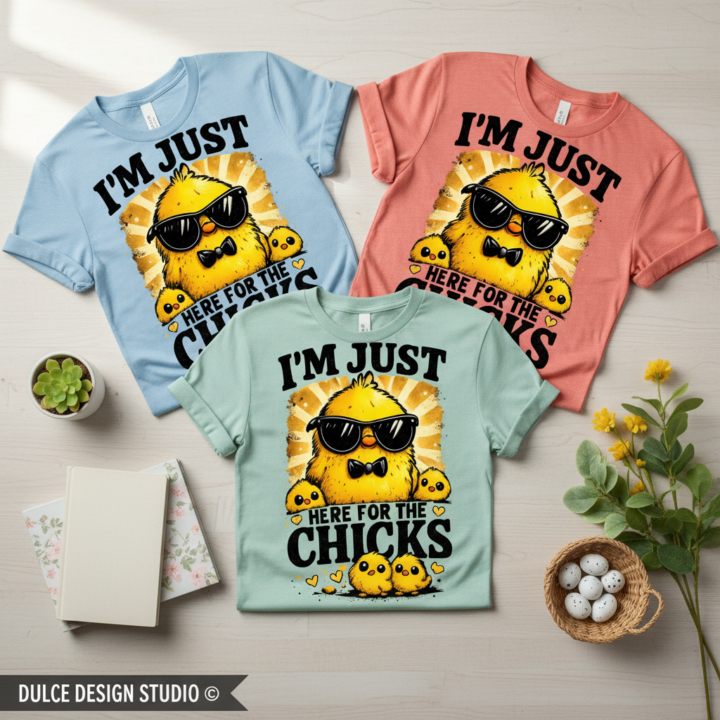 Three t-shirts with a cartoon chick design and text on a wooden surface.