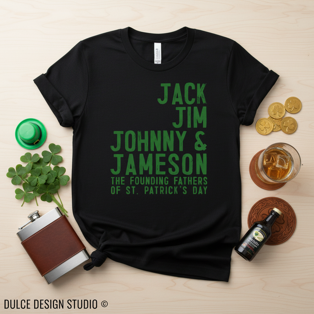 Black t-shirt with green text on a wooden surface with St. Patrick's Day items.