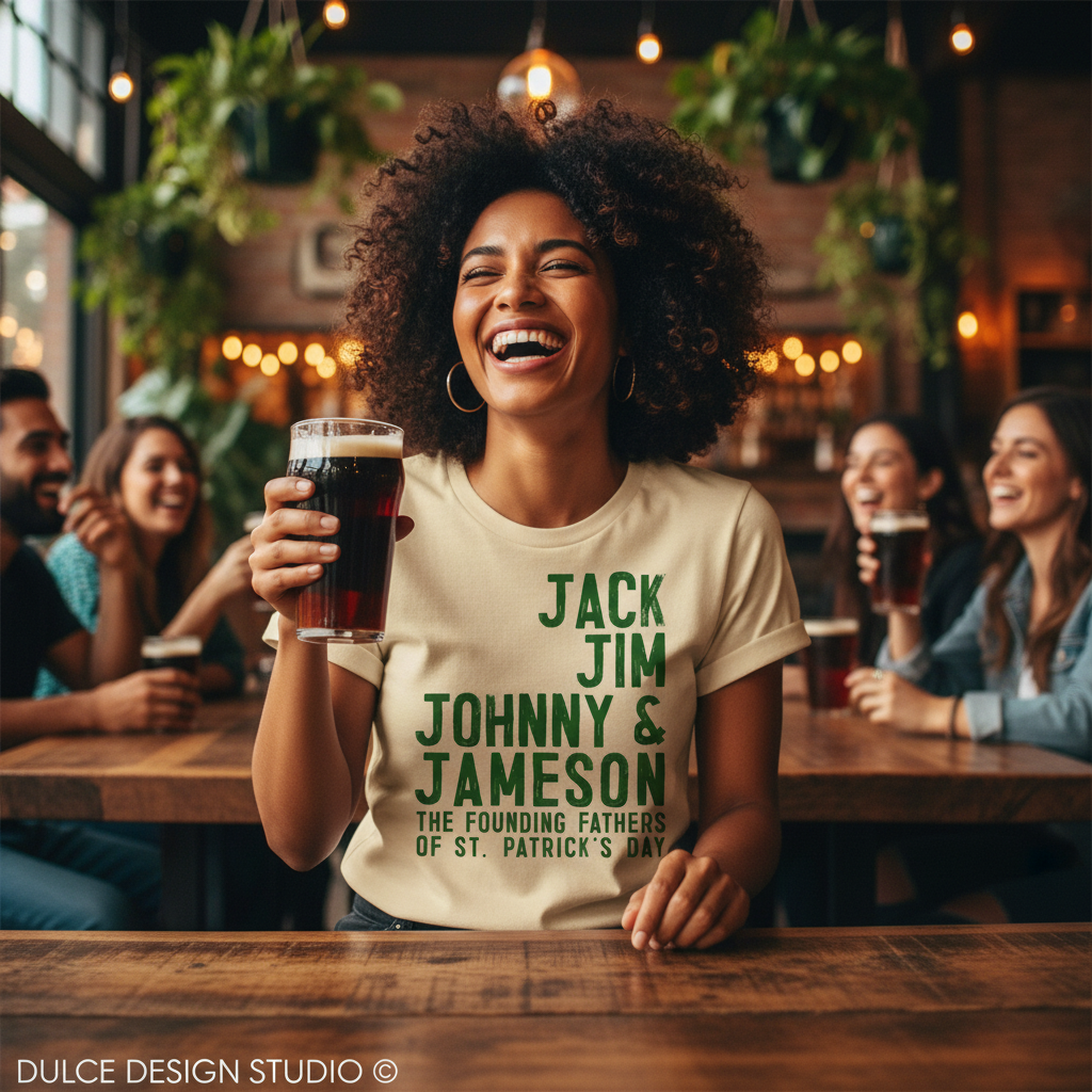 Woman holding a glass of dark beer in a pub setting with friends.
