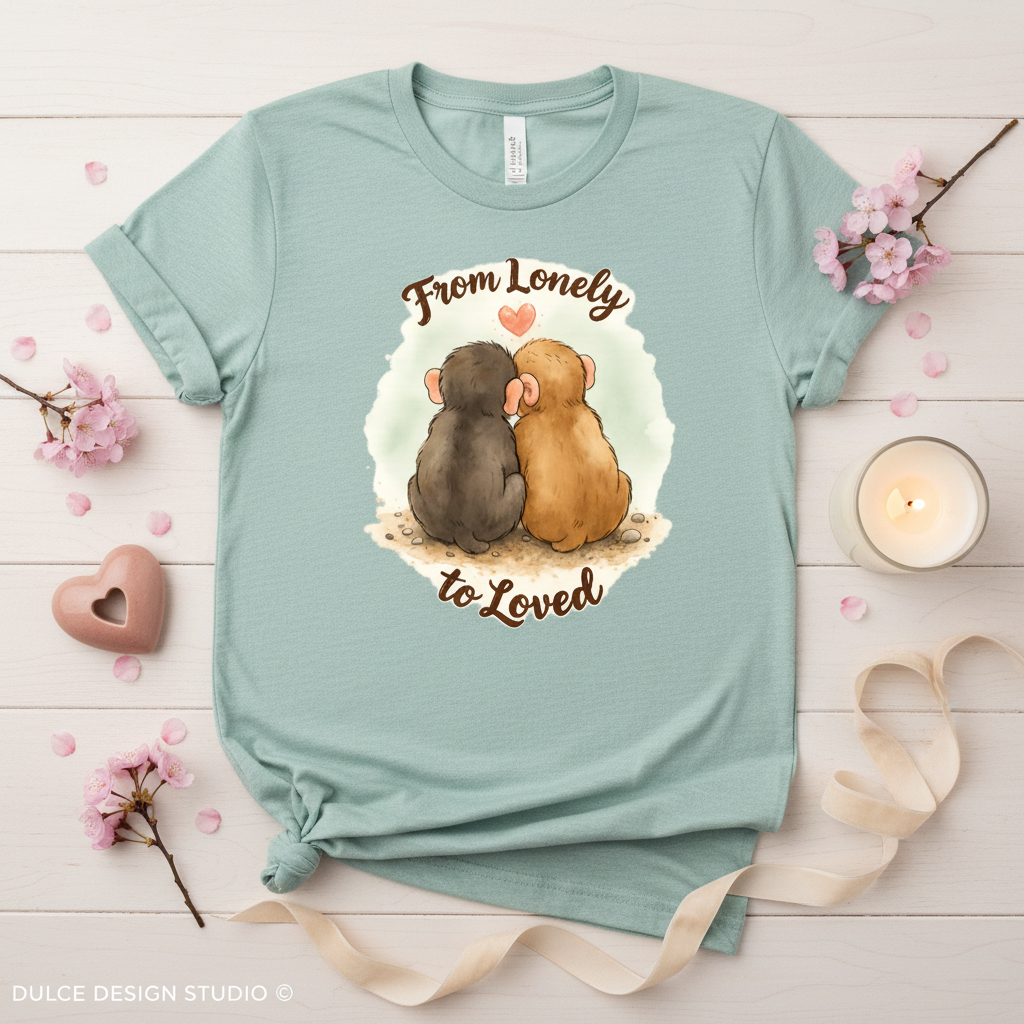 Light blue t-shirt with cartoon rats and text 'From Lonely to Loved' on a wooden surface with decorative elements.