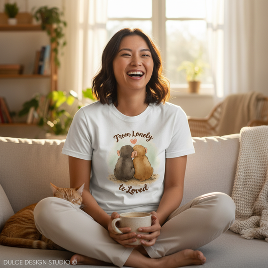 Woman sitting on a couch holding a mug, wearing a t-shirt with a graphic and text.