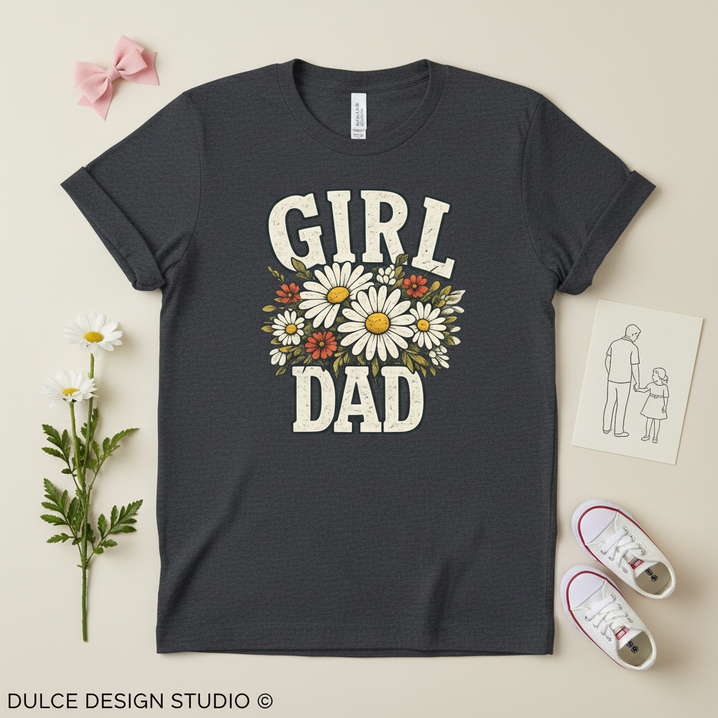 Dark gray t-shirt with 'Girl Dad' graphic design on a light beige background