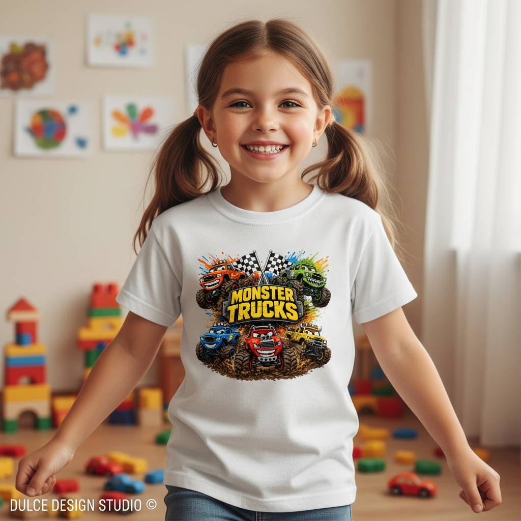 Young girl wearing a white t-shirt with monster truck design in a room with colorful blocks.