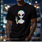 man wearing a glitch edm effect alien graphic on ablack tshirt