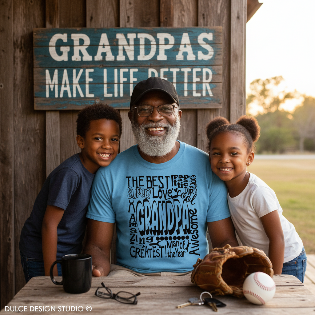 Man with two children sitting at a wooden table with a sign behind them.