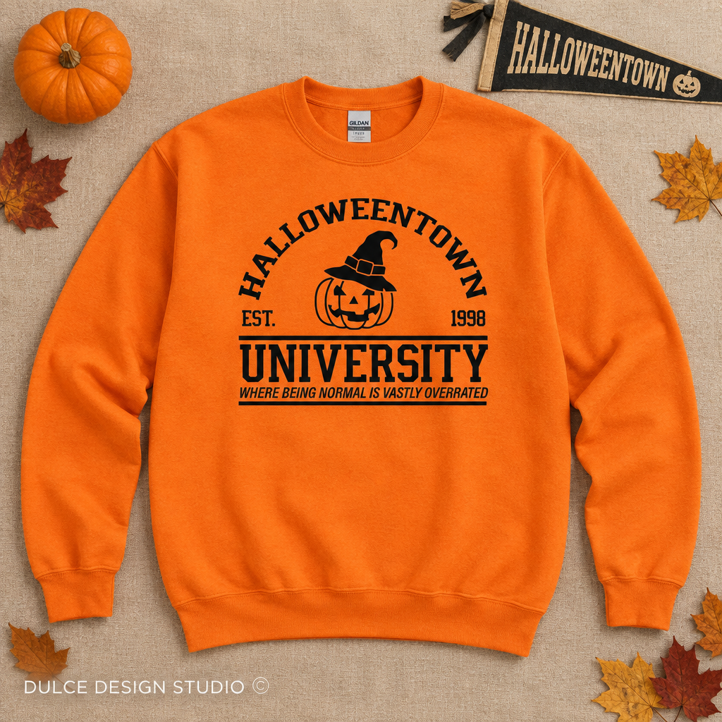 Halloweentown University orange crewneck flat lay