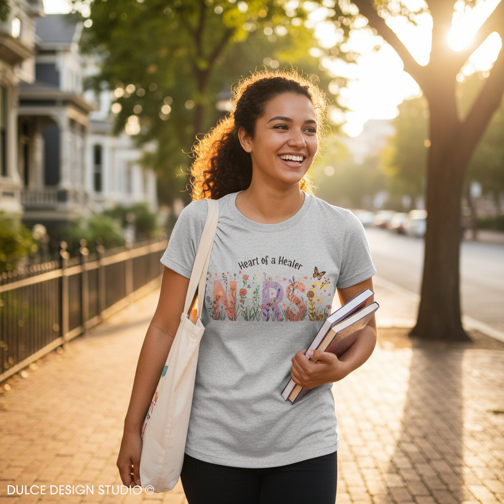Woman walking outdoors on a sunny day, wearing a 'Heart of a Healer Nurse' t-shirt.