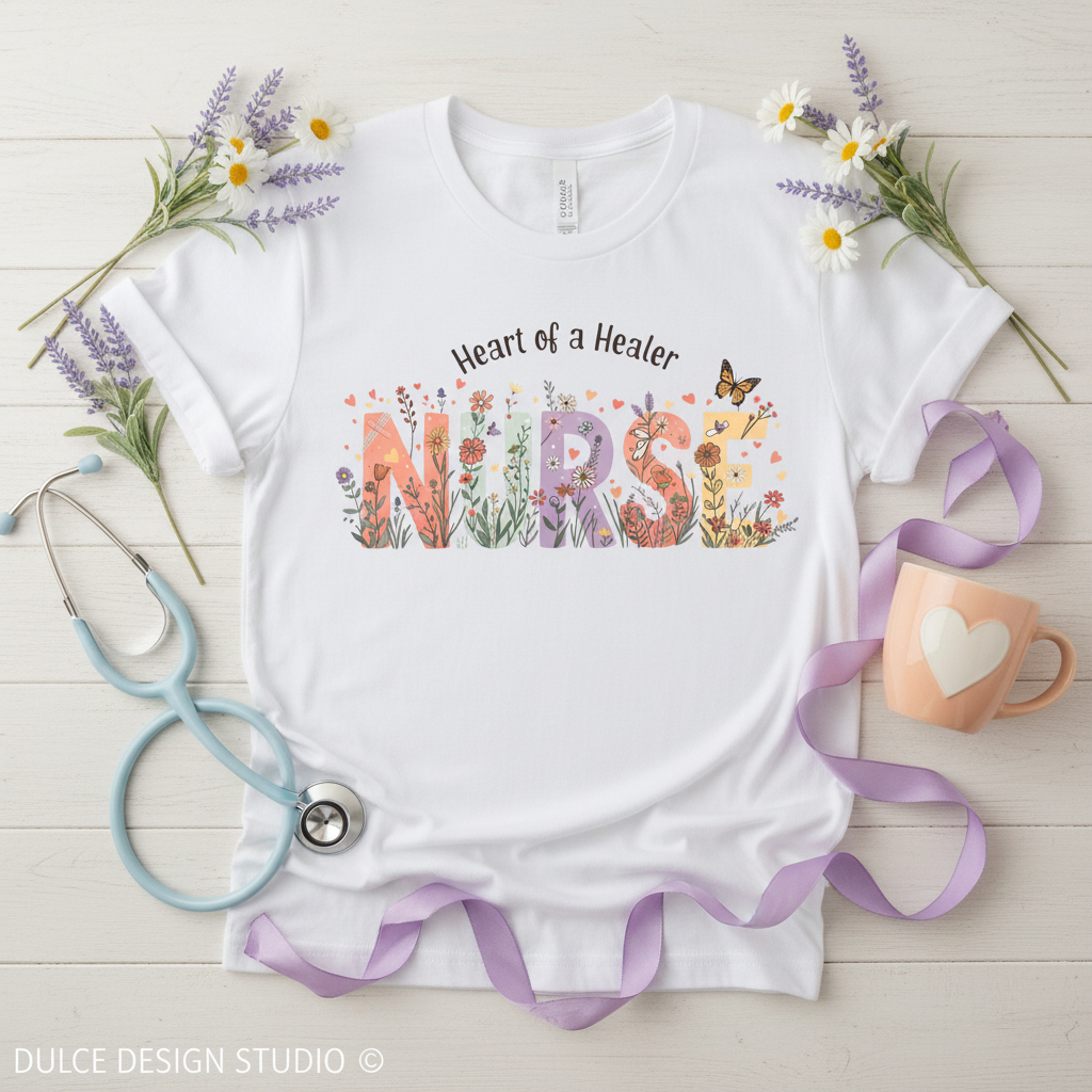 White baby onesie with 'Heart of a Healer Nurse' text, surrounded by flowers and medical accessories on a light wooden background.