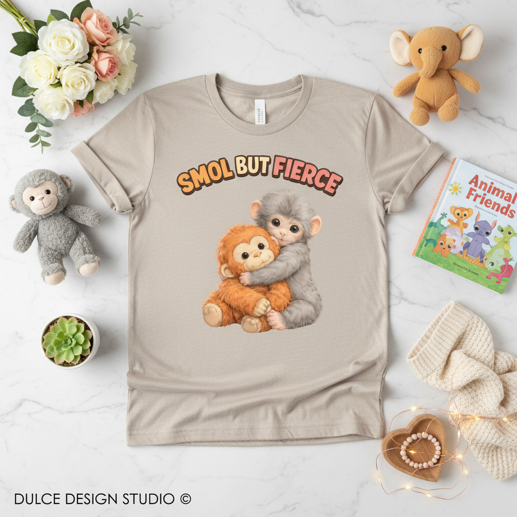 Beige t-shirt with monkey graphic and 'SMOL BUT FIERCE' text, surrounded by toys and decor on a light surface.