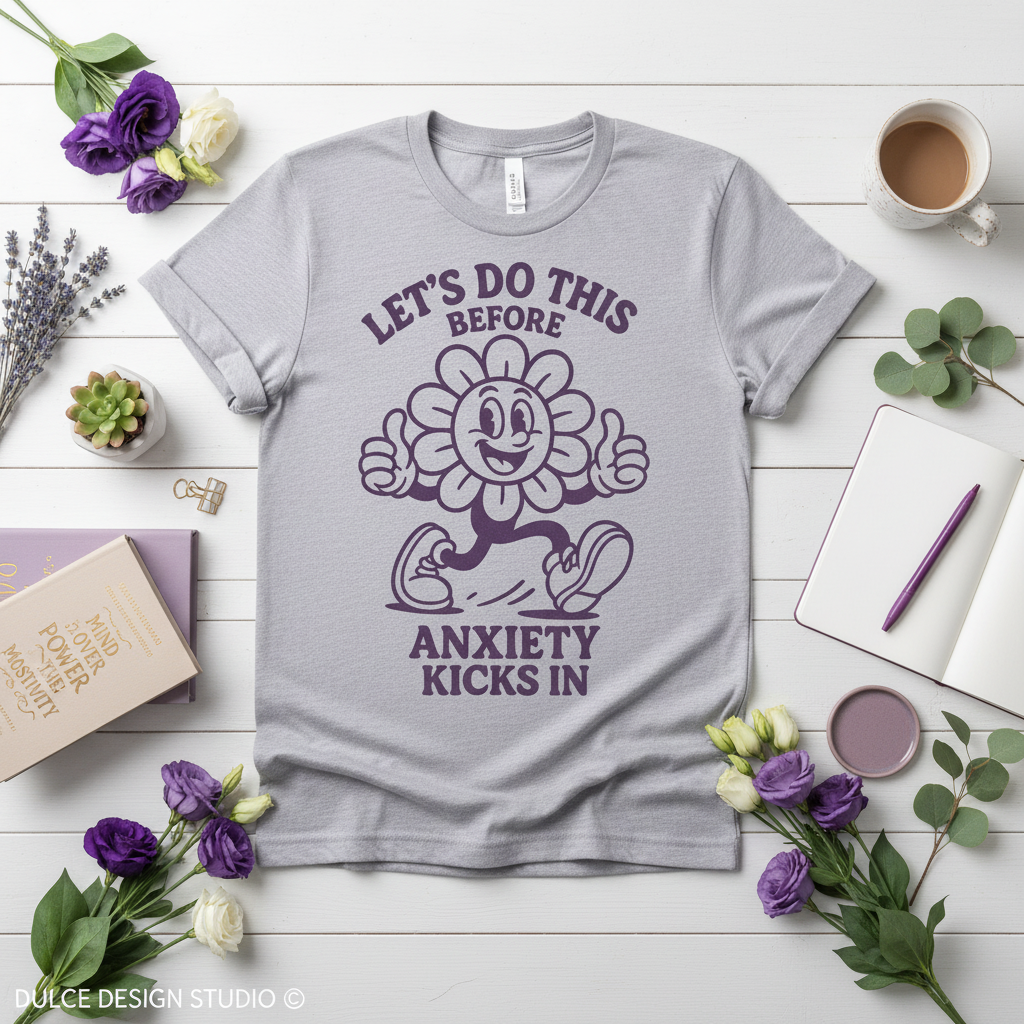 Gray t-shirt with a purple graphic and text on a white wooden surface with flowers and a cup of coffee.