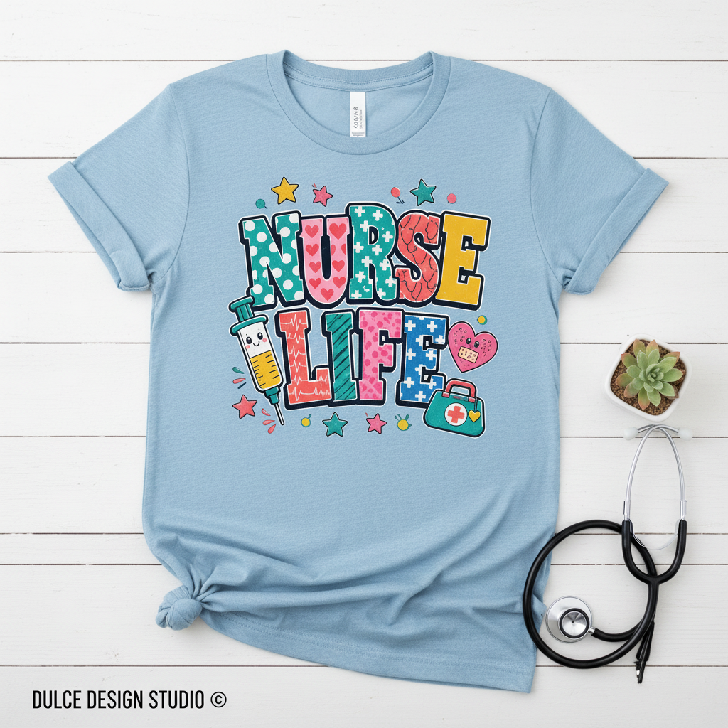 Heather Ice Blue Nurse Life tee flat lay