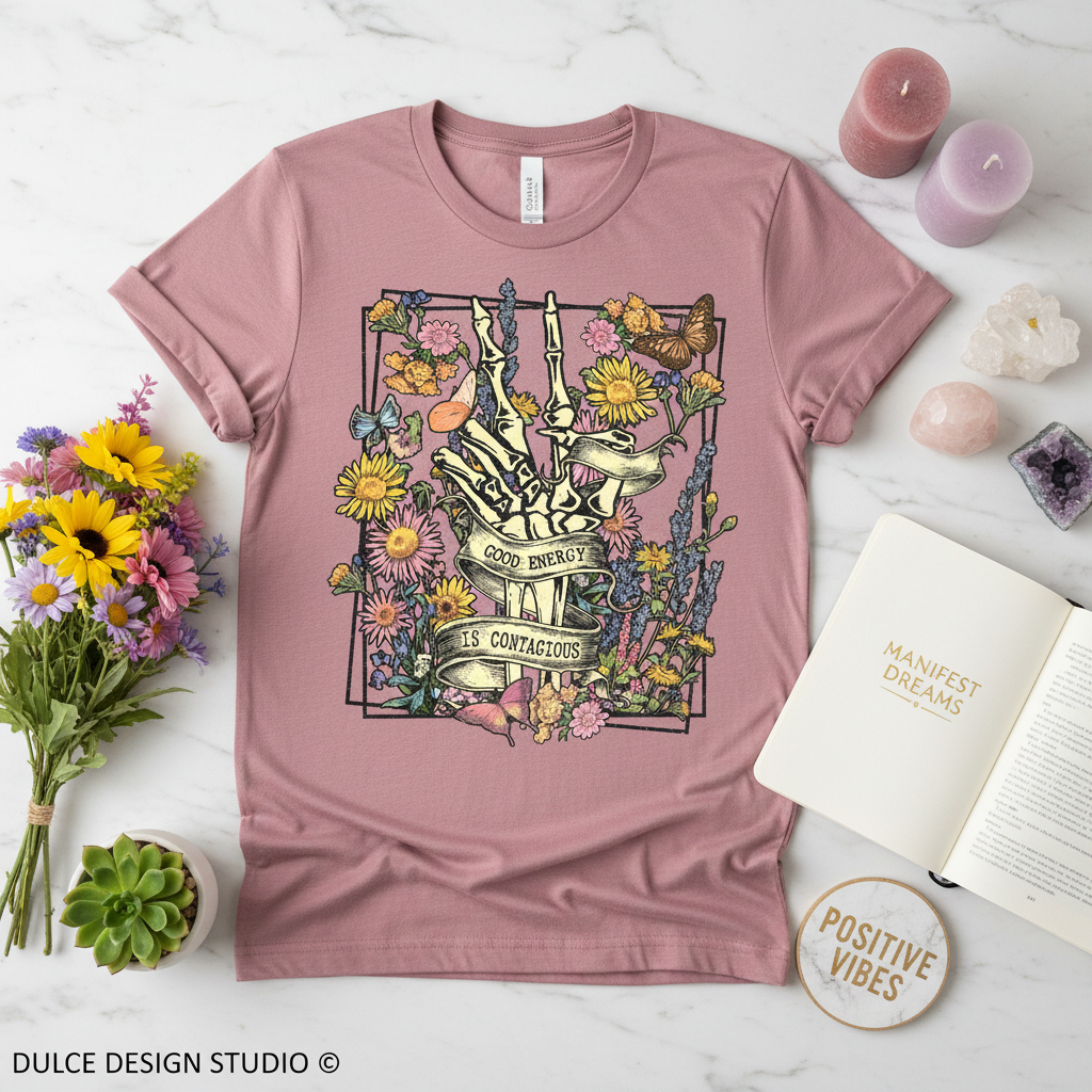 heather mauve  t-shirt with a handprint design featuring flowers and text, placed on a marble surface with candles and plants.
