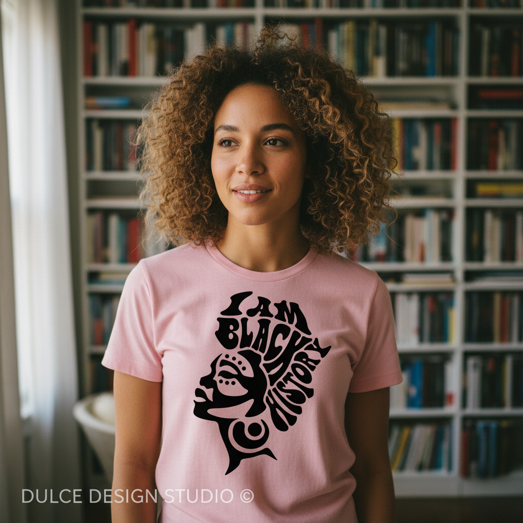 I AM BLACK HISTORY pink shirt centered mockup