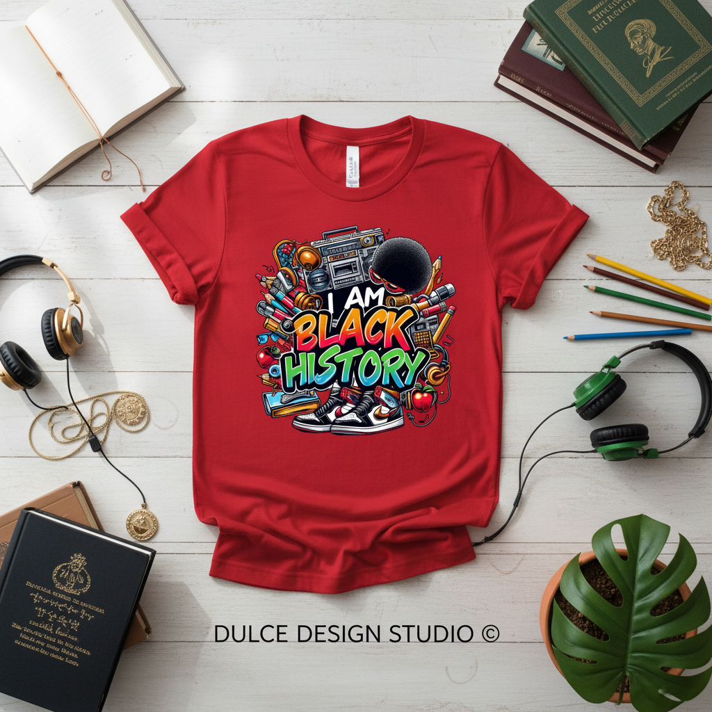 I AM BLACK HISTORY red shirt flat lay