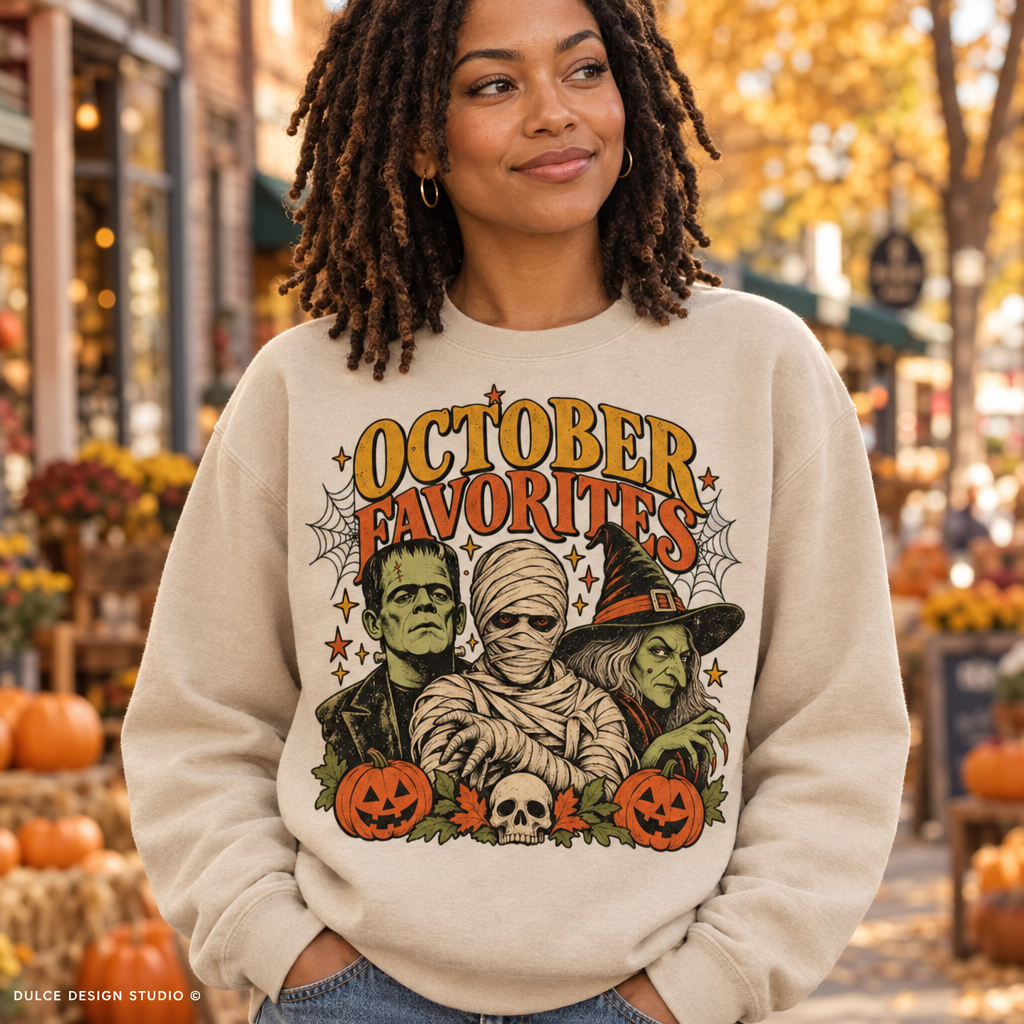 Woman wearing sand October Favorites vintage Halloween monster crewneck at a fall street market