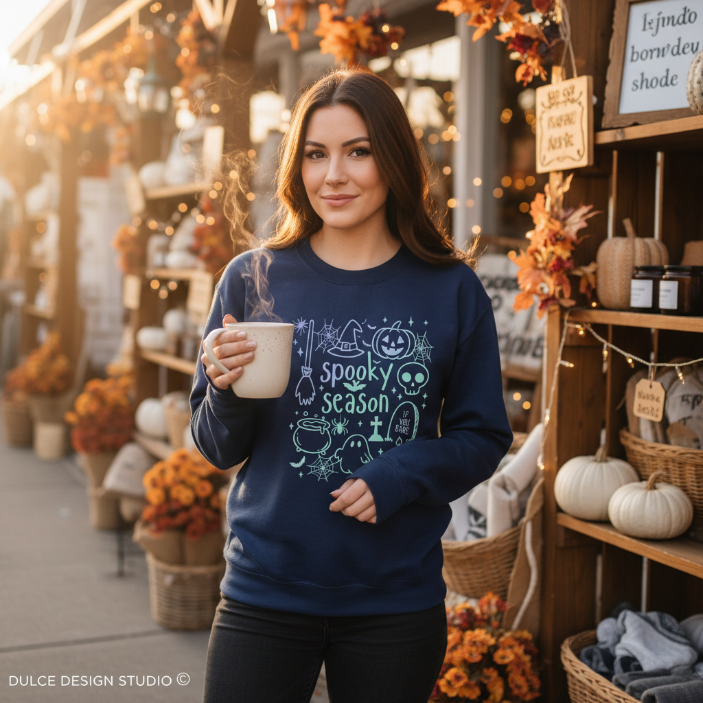 Woman wearing navy crewneck sweatshirt with colorful pastel Spooky Season witch, pumpkin, skull, and ghost design at a fall market