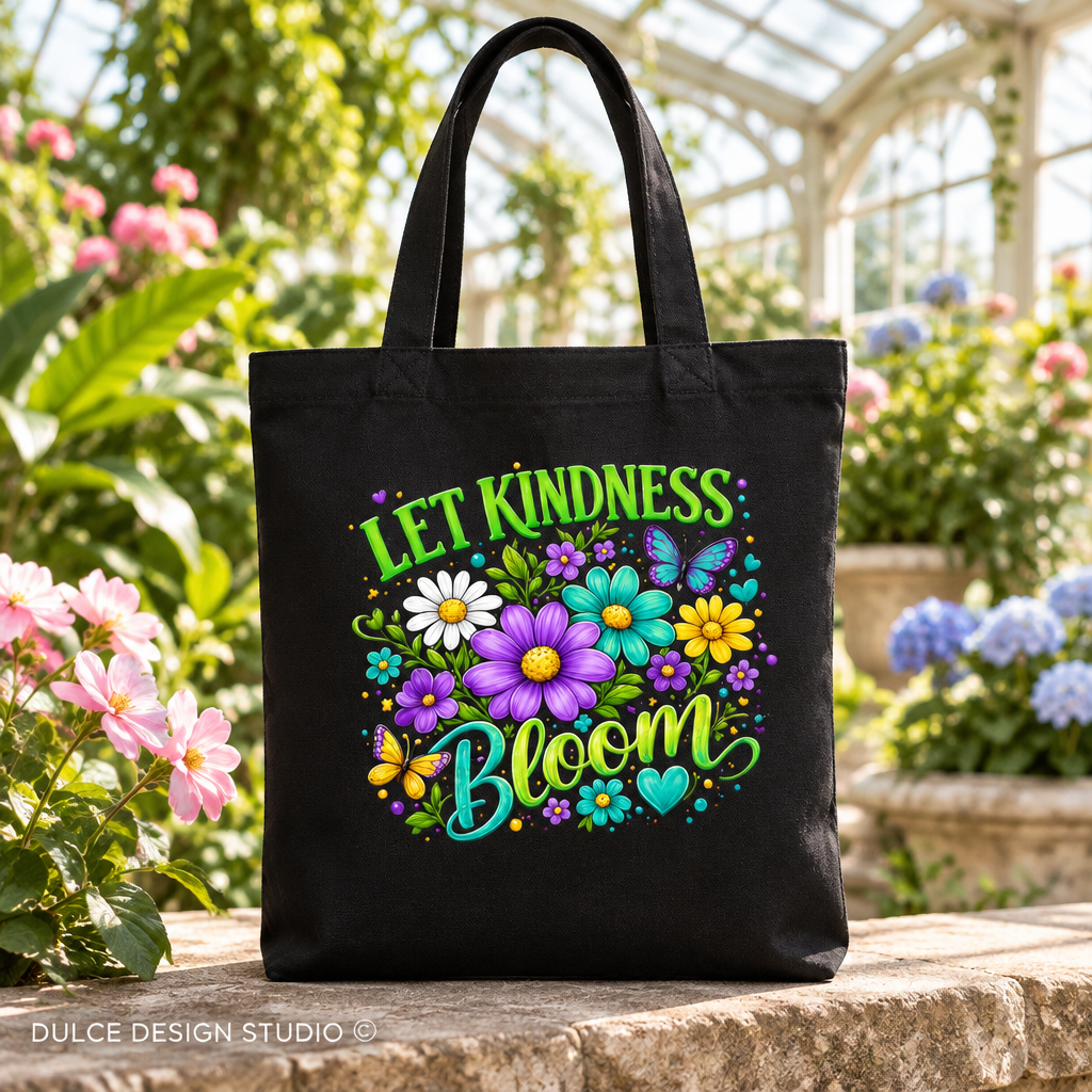 Black tote bag with colorful Let Kindness Bloom floral butterfly design in a botanical conservatory