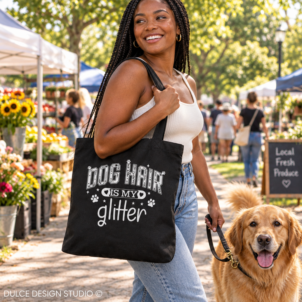 A woman walking outdoors with a golden retriever dog, carrying a black canvas tote bag printed with the white text 'DOG HAIR IS MY glitter'.