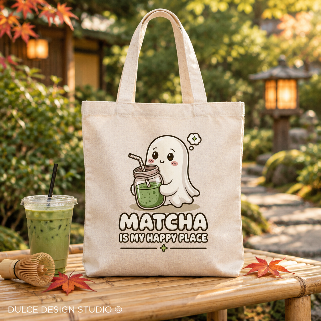 A beige canvas tote bag with a cute ghost graphic holding a green matcha drink, with the text 'MATCHA IS MY HAPPY PLACE' printed below. The bag is displayed on a bamboo table in an outdoor garden setting with a matcha iced coffee, a bamboo whisk, and autumn leaves.