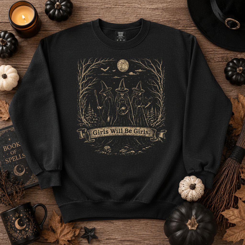 Black crewneck sweatshirt flat lay with vintage three witches under full moon design and Girls Will Be Girls banner