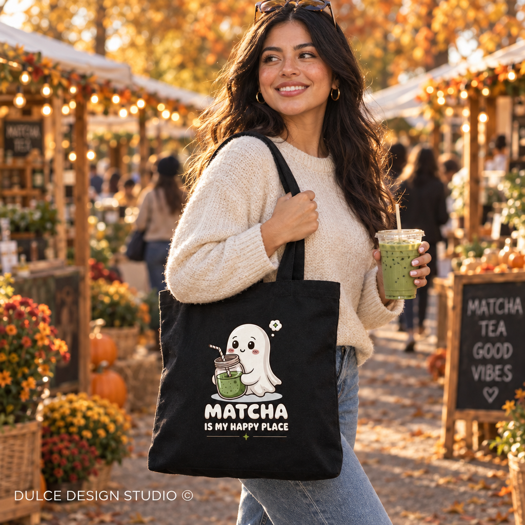 A woman in a cream knit sweater and jeans stands in an outdoor autumn market holding a green matcha drink and carrying a black tote bag with a cute ghost graphic and the text 'MATCHA IS MY HAPPY PLACE'.