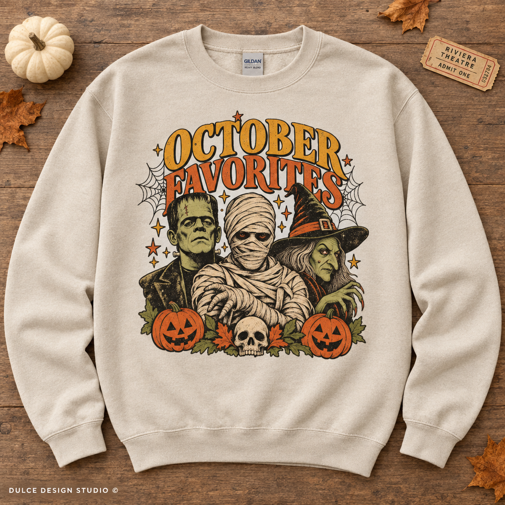 Sand October Favorites Halloween crewneck flat lay with pumpkin and fall leaves