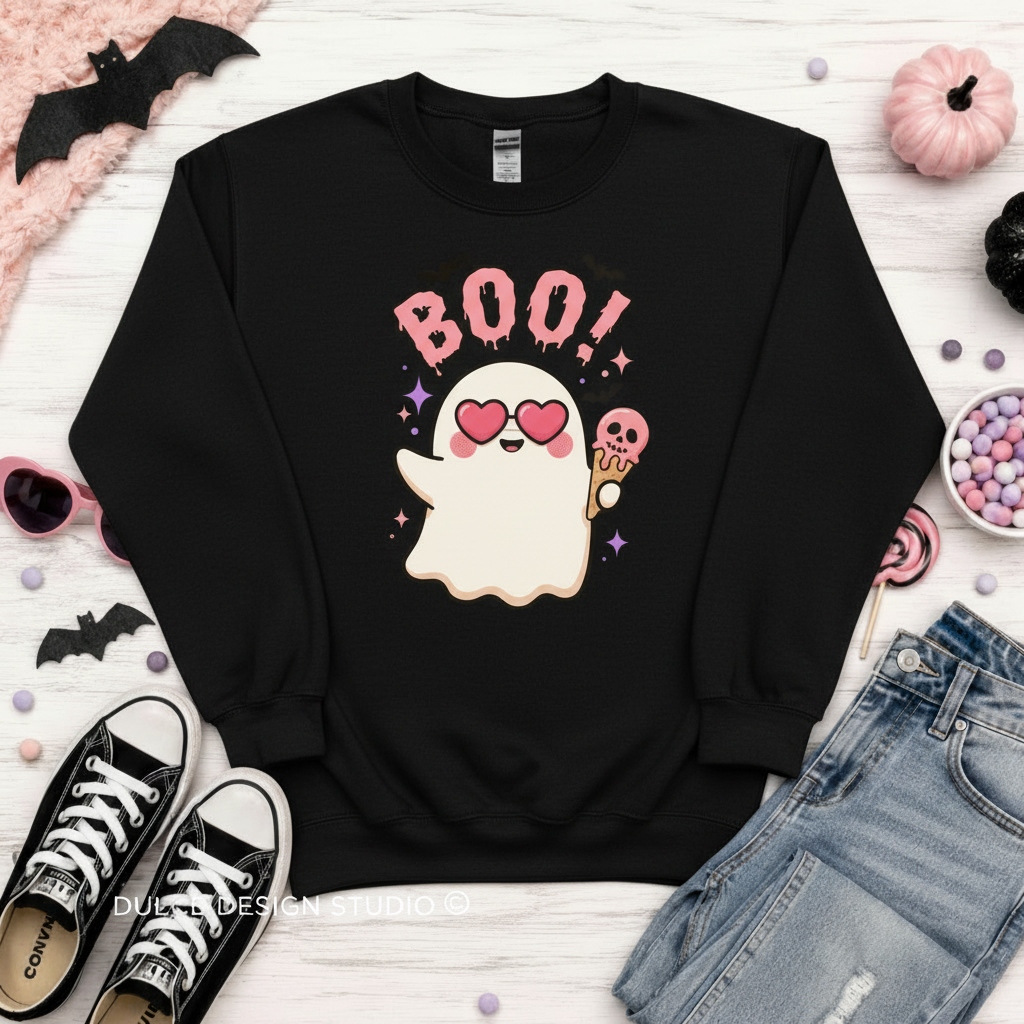 Black crewneck sweatshirt flat lay with drippy pink BOO text, ghost in heart sunglasses holding pink skull ice cream cone