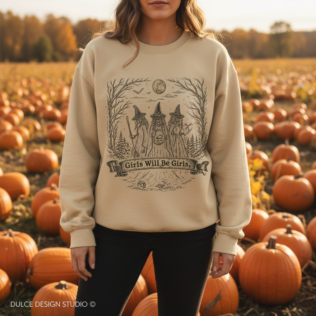 Woman wearing sand crewneck sweatshirt with vintage three witches under full moon design and Girls Will Be Girls banner at a pumpkin patch