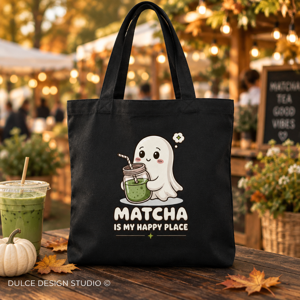 A black canvas tote bag with a cute cartoon ghost holding a green matcha drink, with the text 'MATCHA IS MY HAPPY PLACE' printed below. The bag is displayed on a wooden table in an outdoor cafe setting with fall leaves, a matcha iced coffee, and warm string lights in the background.