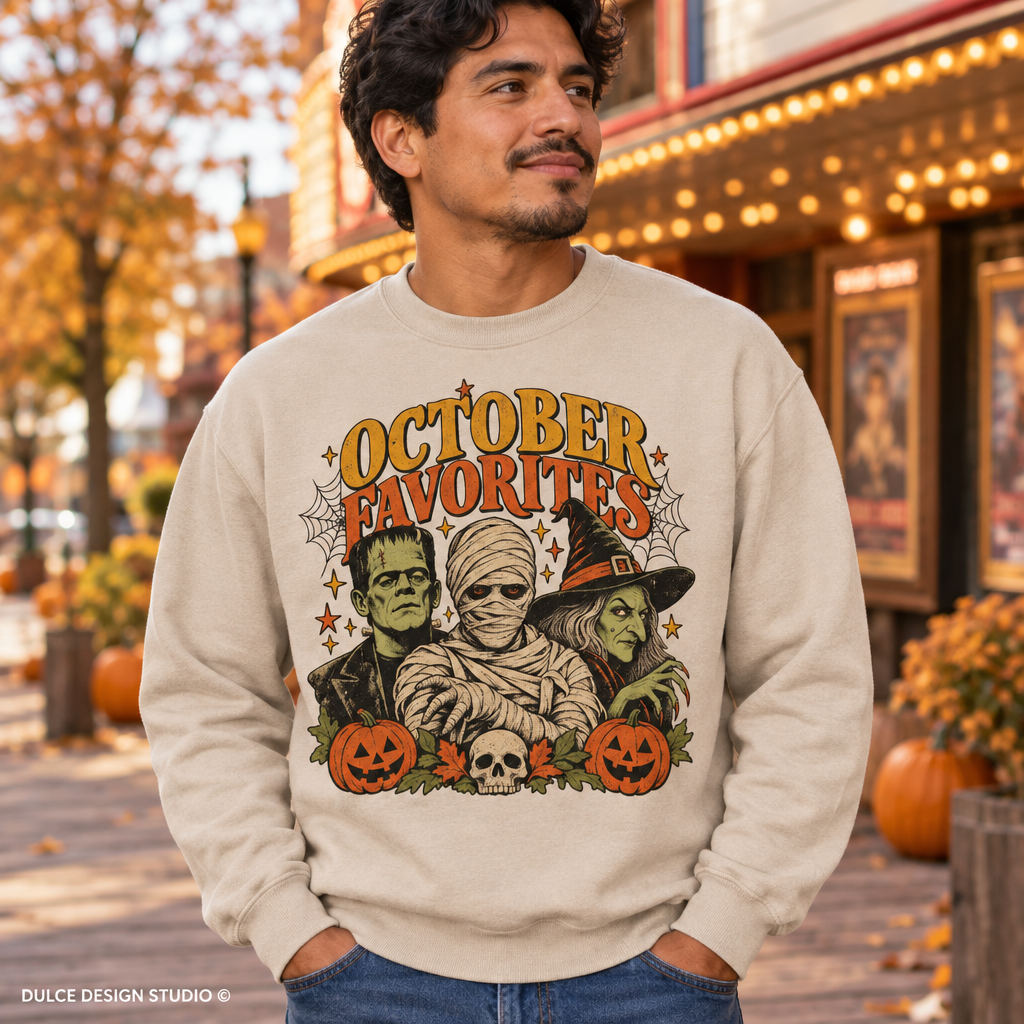 Man wearing sand October Favorites Halloween crewneck outside an autumn movie theater