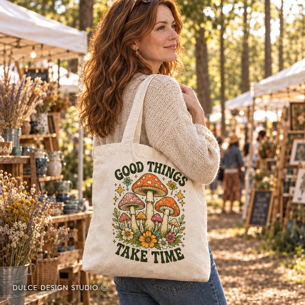 A woman at an outdoor farmers market carries a cream canvas tote bag with a colorful mushroom illustration and the text 'GOOD THINGS TAKE TIME'.