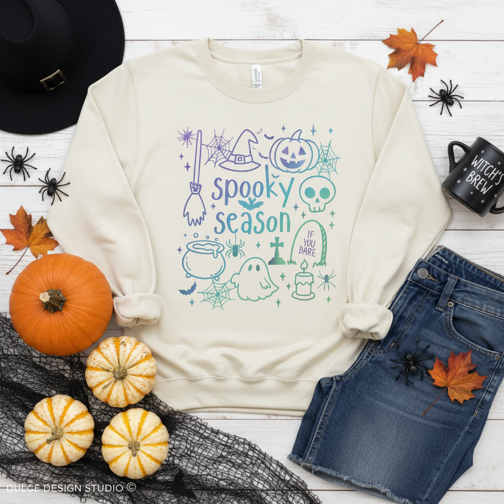 Cream crewneck sweatshirt flat lay with colorful pastel Spooky Season witch, pumpkin, skull, and ghost design