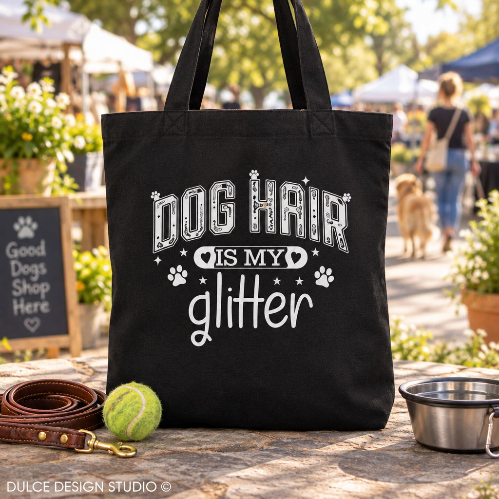 Black Dog Hair Is My Glitter tote bag at a dog-friendly outdoor market
