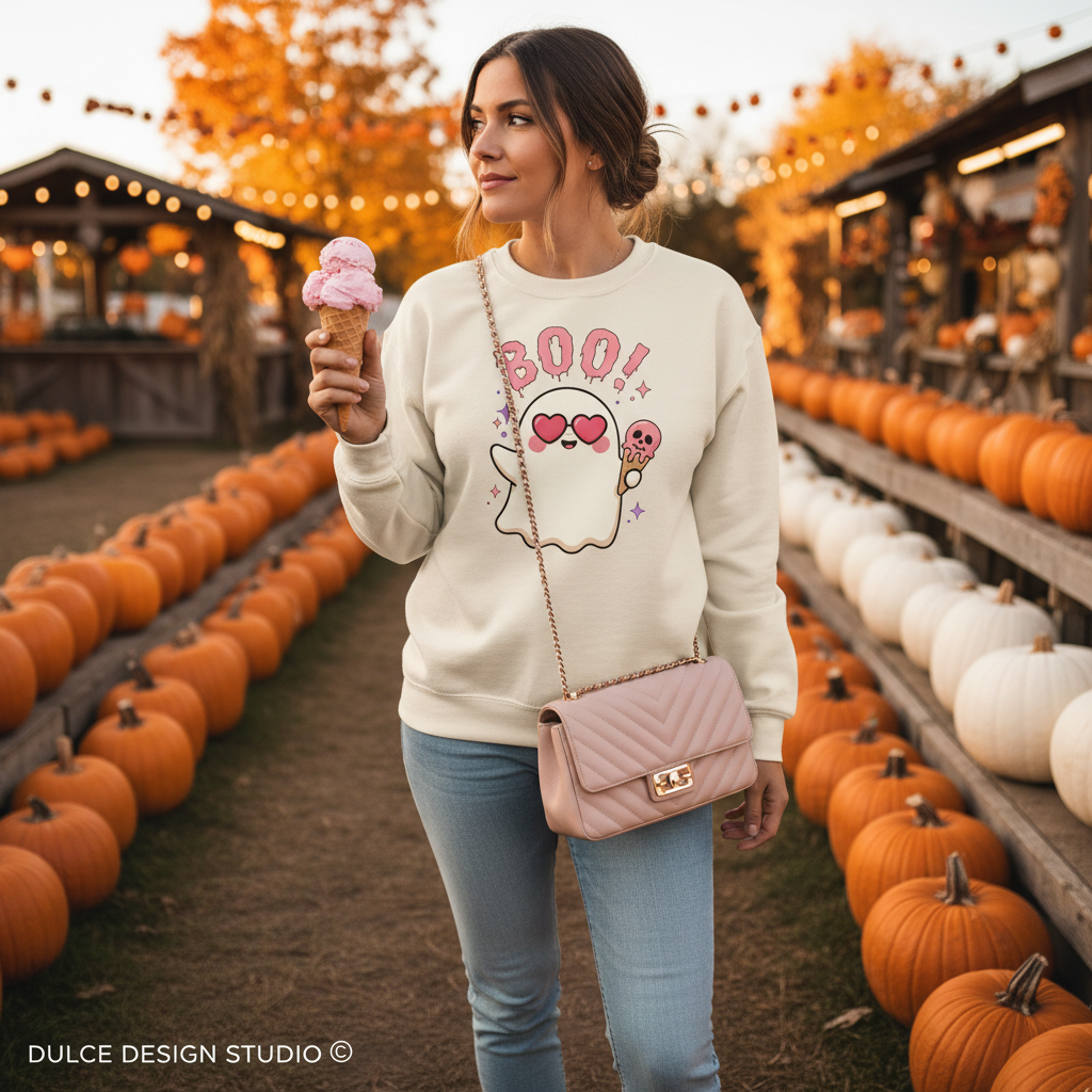 Woman wearing cream crewneck sweatshirt with drippy pink BOO text, ghost in heart sunglasses holding pink skull ice cream cone, at a pumpkin patch