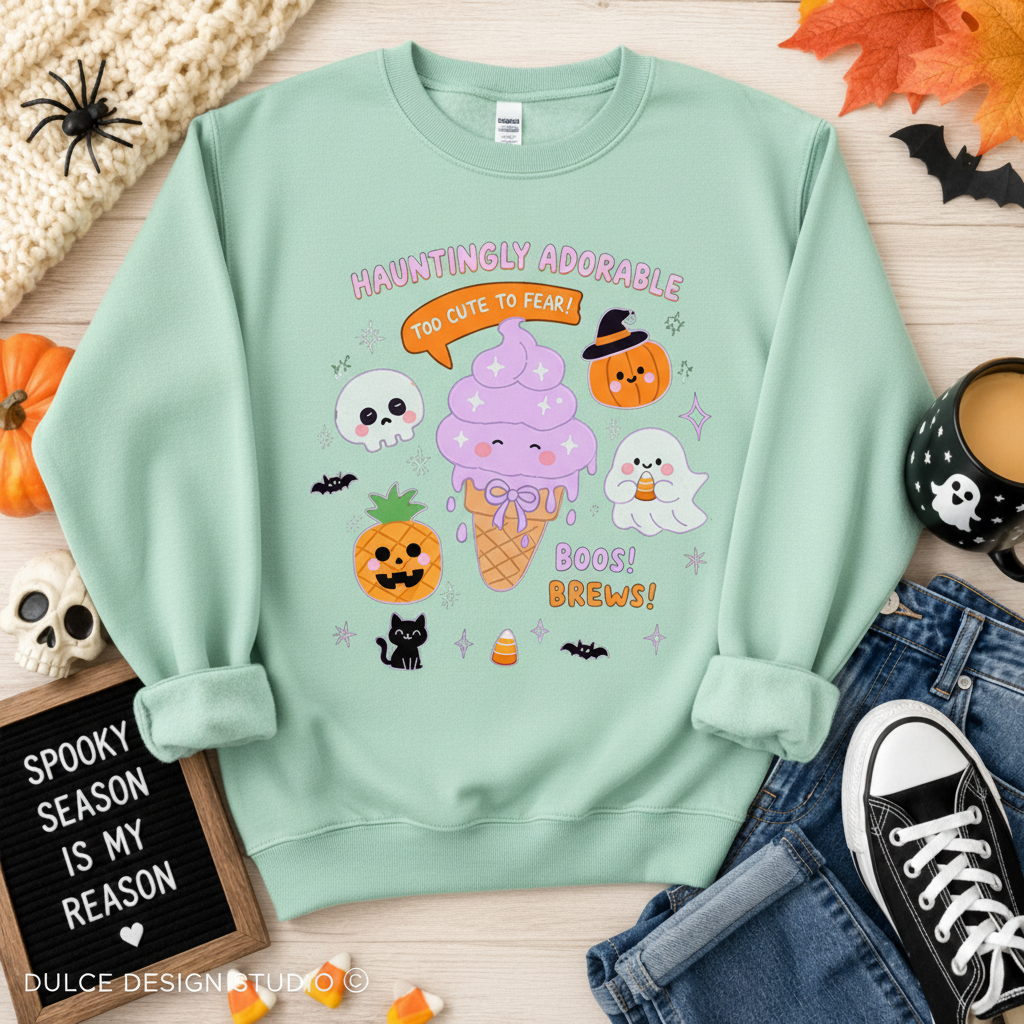 Mint green crewneck sweatshirt with a cute Halloween ice cream design styled in a Halloween flat lay.