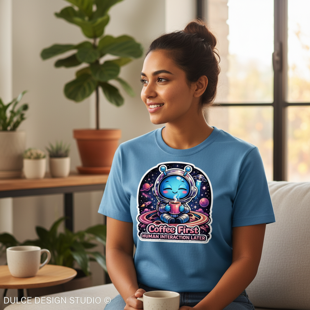 Woman wearing a blue t-shirt with a coffee-themed graphic design, sitting in a cozy room with plants and a window.