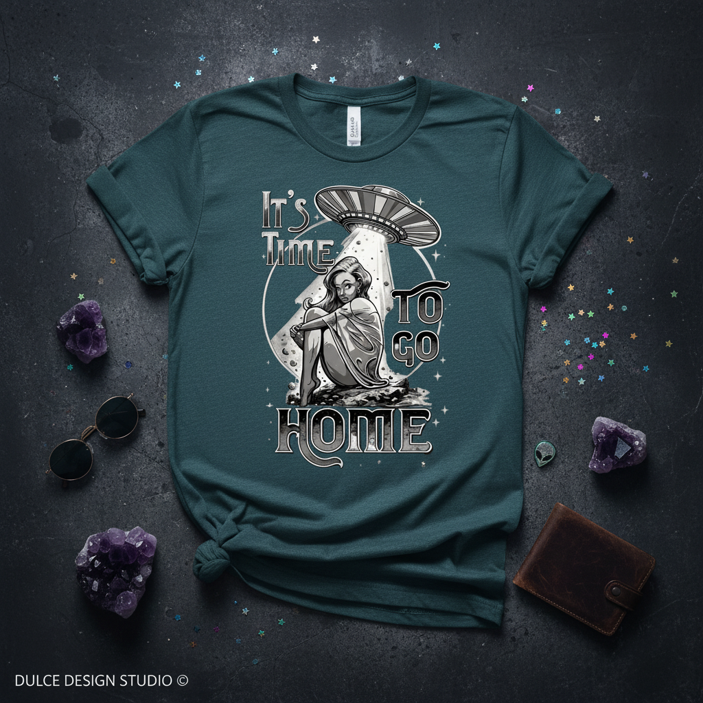 Green t-shirt with a graphic design featuring text and a character, placed on a dark surface with decorative elements.
