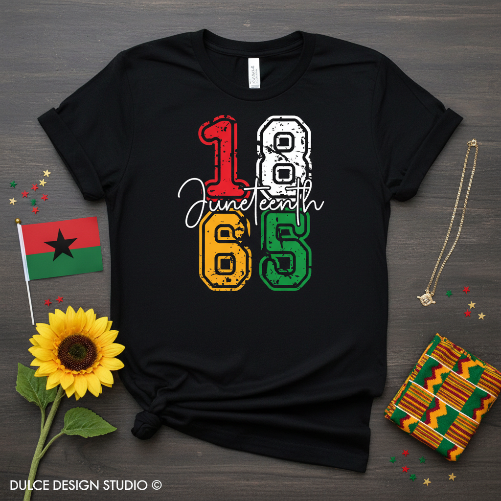 Black t-shirt with '1865 Juneteenth' design on a wooden surface with decorative items.