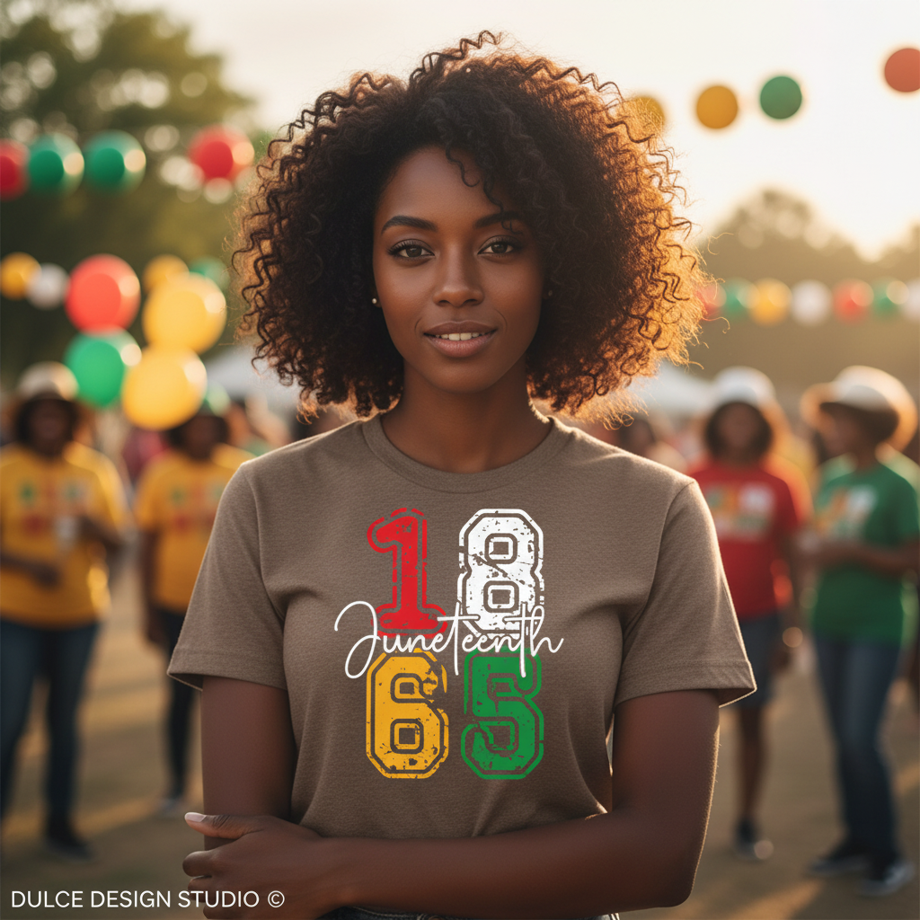 Woman wearing a t-shirt with a date design in a festive outdoor setting