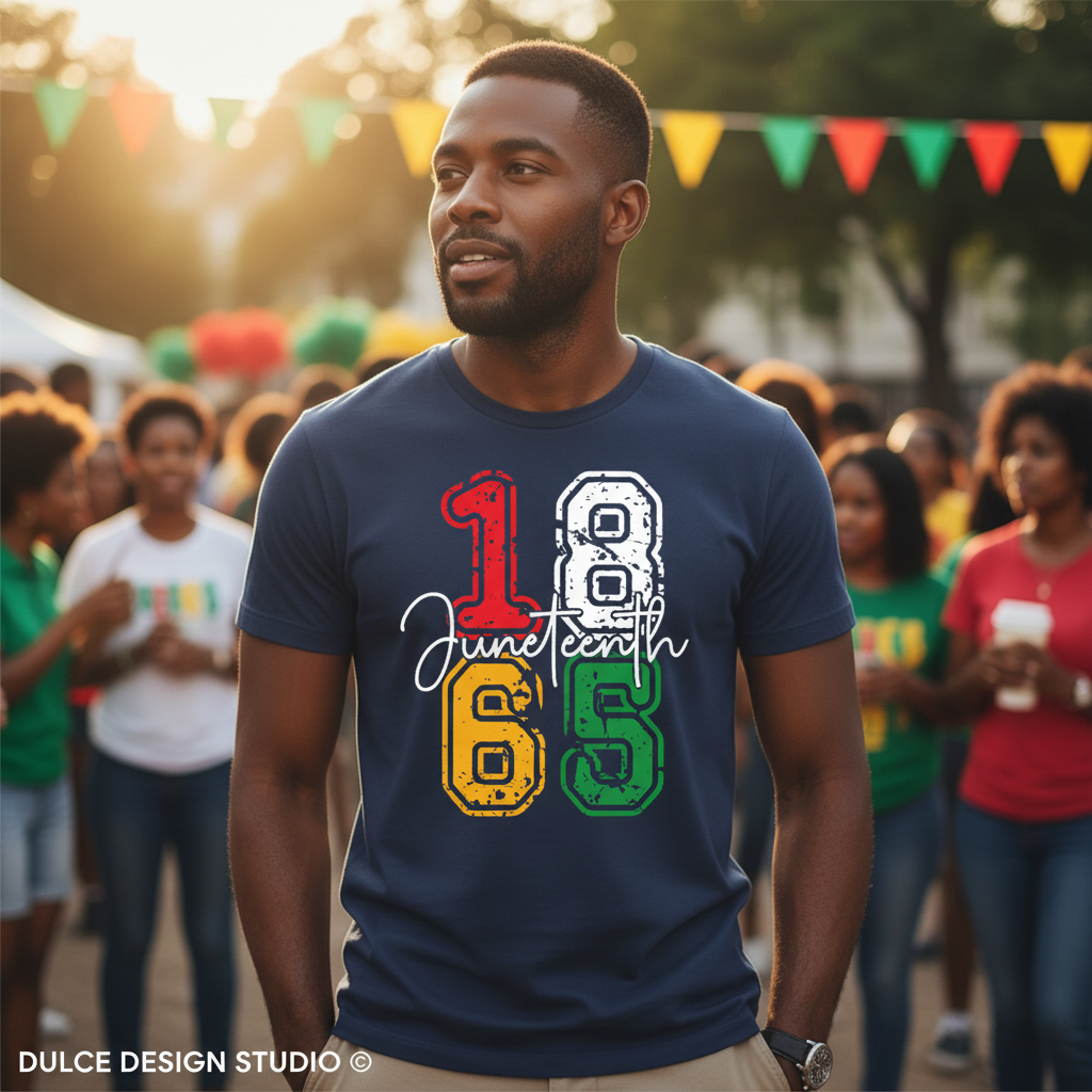 Man wearing a blue t-shirt with '1865 Juneteenth' design at an outdoor event.