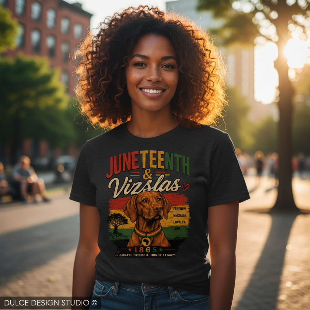 Person wearing a Juneteenth & Vizslas t-shirt in an outdoor setting