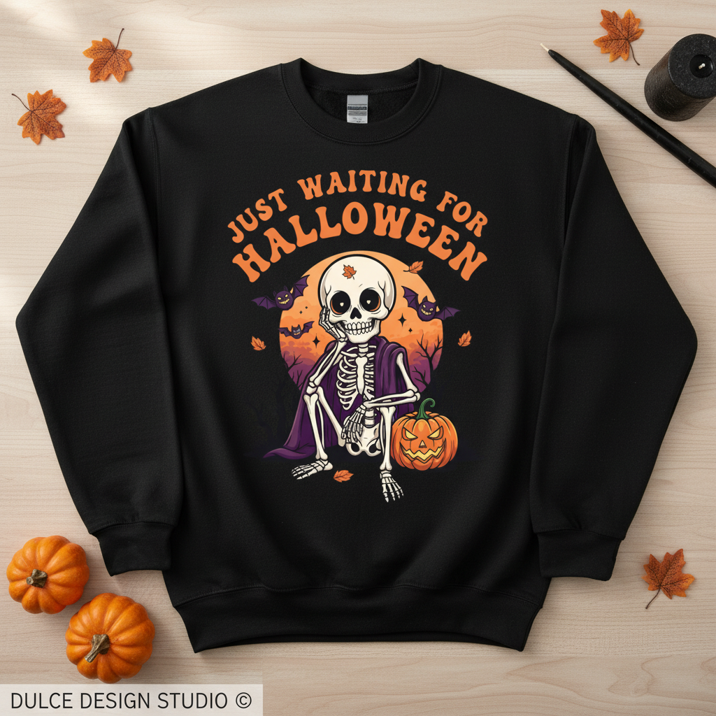 A black crewneck sweatshirt laid flat on a light wood surface, featuring a Halloween graphic with the text 'JUST WAITING FOR HALLOWEEN' above a skeleton holding a pumpkin. The sweatshirt is styled with small pumpkins, autumn leaves, and a candle around it.