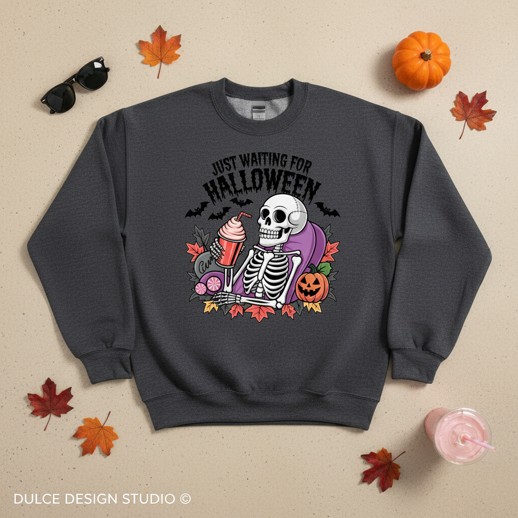 Just Waiting for Halloween drink skeleton crewneck flat lay