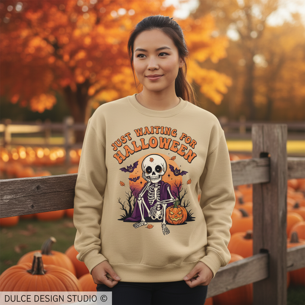 A woman stands outdoors in front of a wooden fence and pumpkins, wearing a beige crewneck sweatshirt with a Halloween graphic of a skeleton and the text 'JUST WAITING FOR HALLOWEEN'. The background features warm autumn foliage and pumpkins.