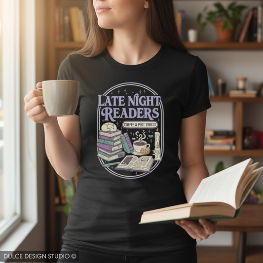 Late Night Readers Black Tee Lifestyle Mockup
