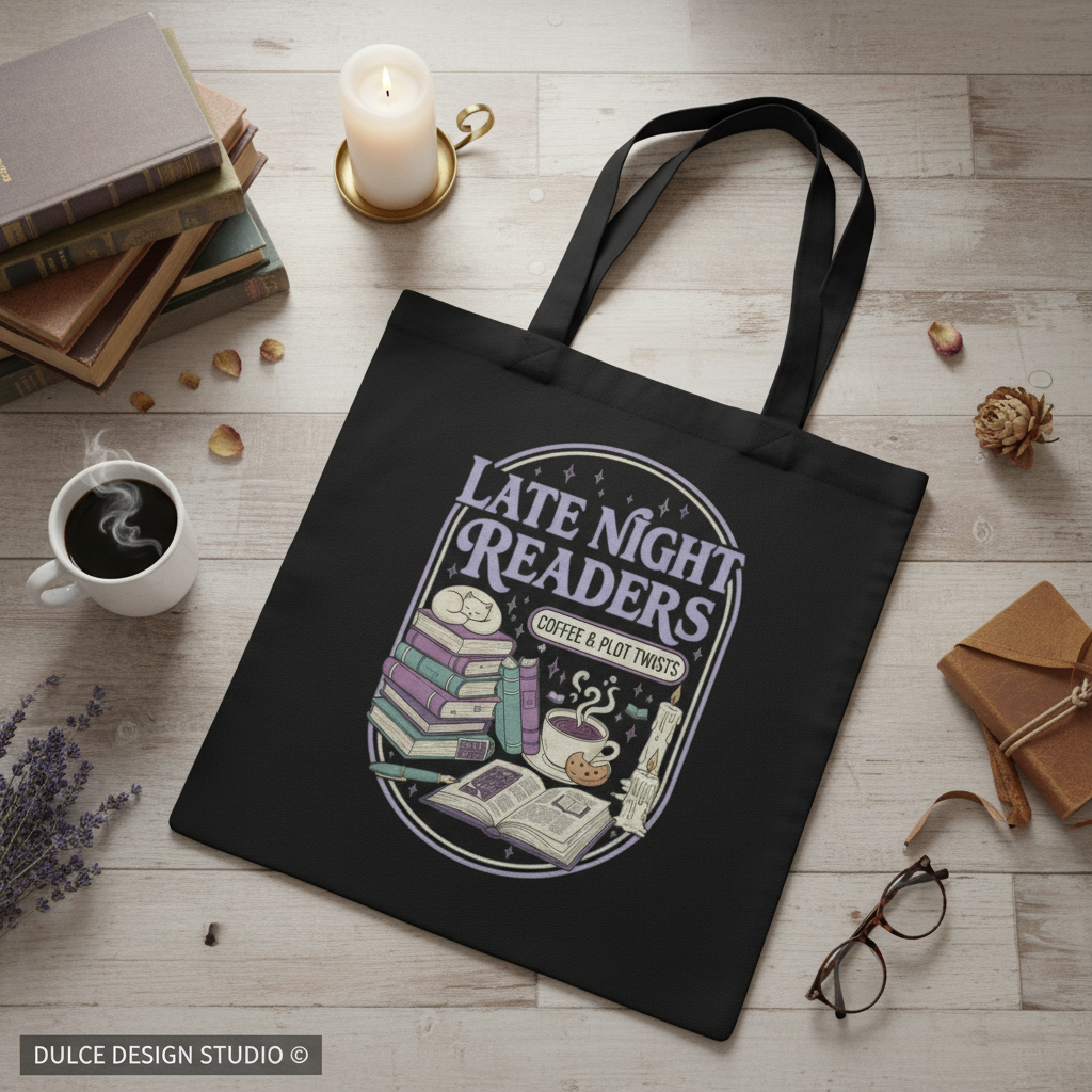 Late Night Readers Black Tote Mockup